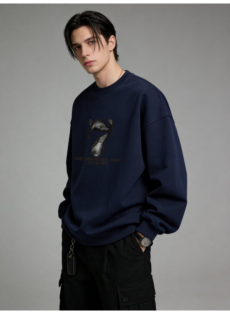 BM INS Navy Blue "Distressed Number 7" Graphic Oversized Crew Neck Sweatshirt | Unisex Pullover With "SOMETIMES WE FEEL TIRED LOST IN LIFE" Slogan - Image 1